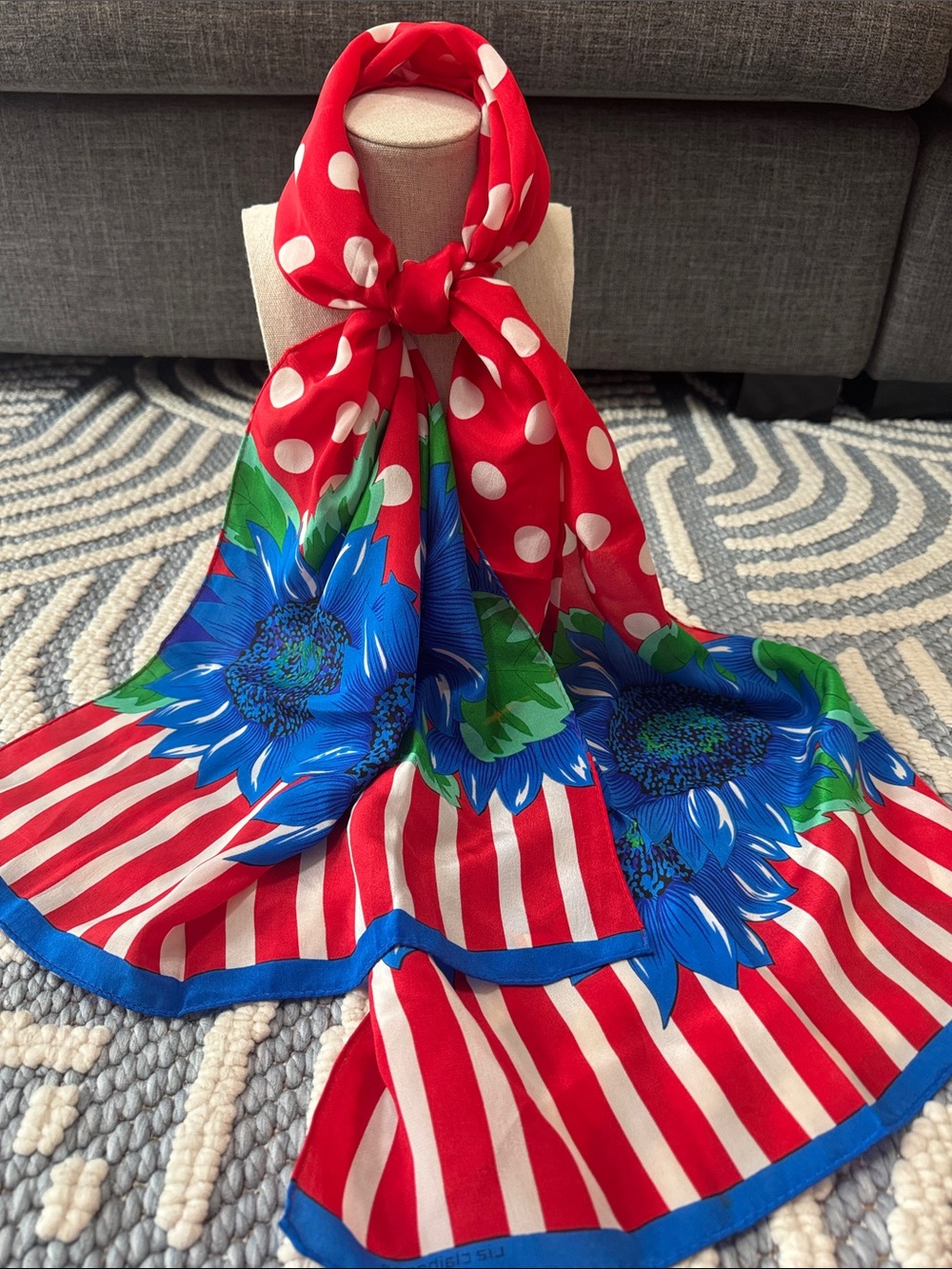 Vintage Liz Claiborne Polka Dot Floral Long Scarf 58" Maximalist